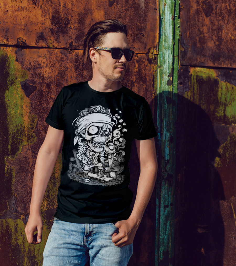 Rasta Skull Skateboarding With Smoke And Bandana T-Shirt