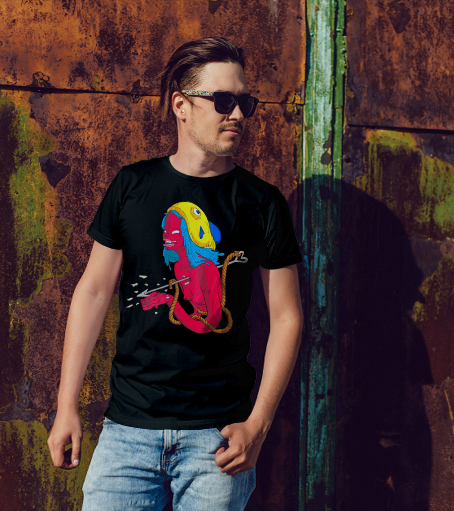 Scary Mermaids Surreal Speared Fish-Hat Creature With Rope And Aggressive Expression T-Shirt