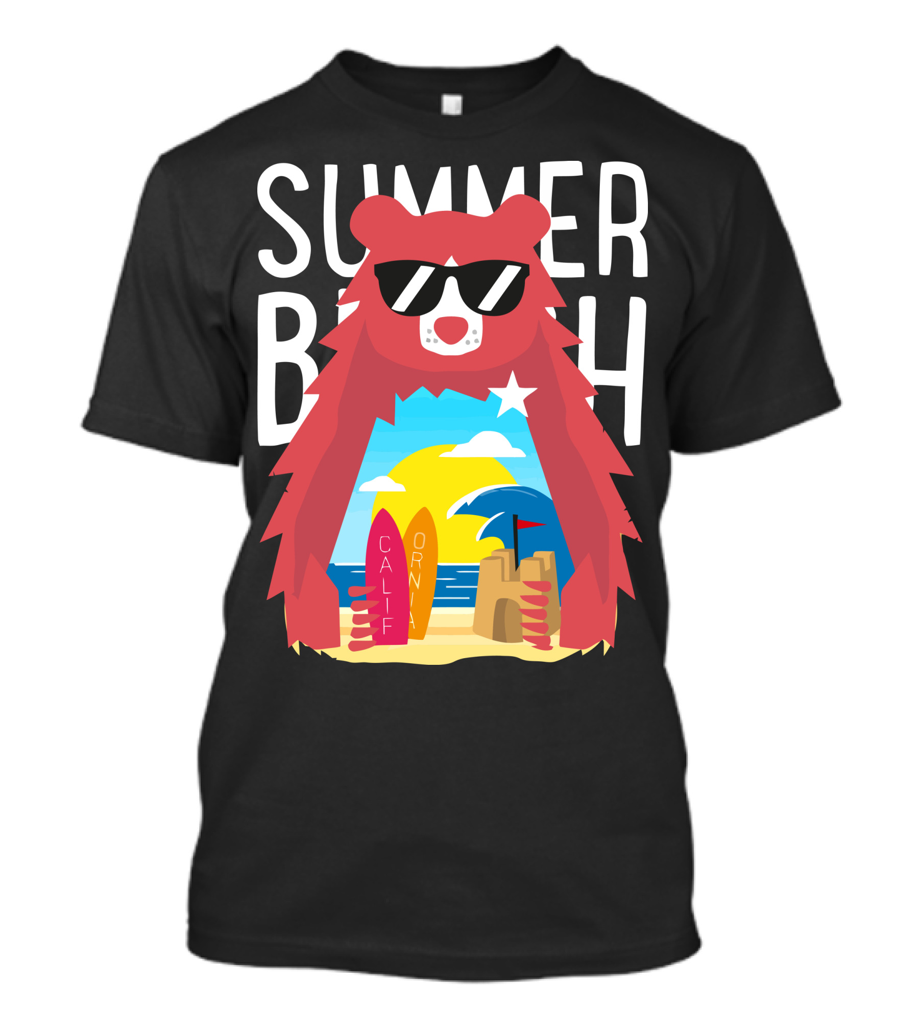 Summer California Beach Bear Surfer Scene T-Shirt