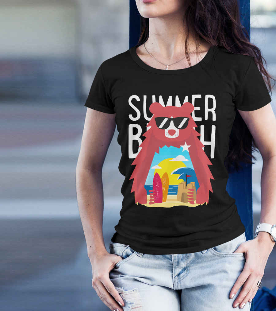 Summer California Beach Bear Surfer Scene T-Shirt
