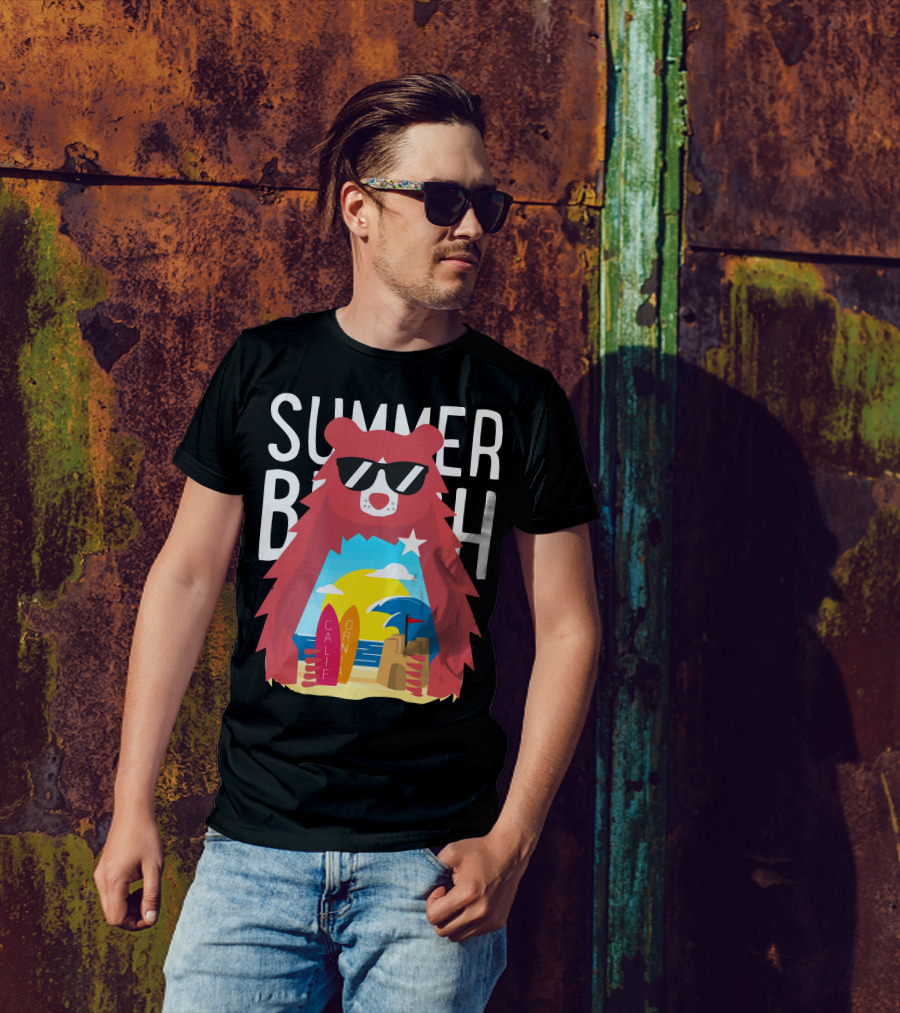 Summer California Beach Bear Surfer Scene T-Shirt