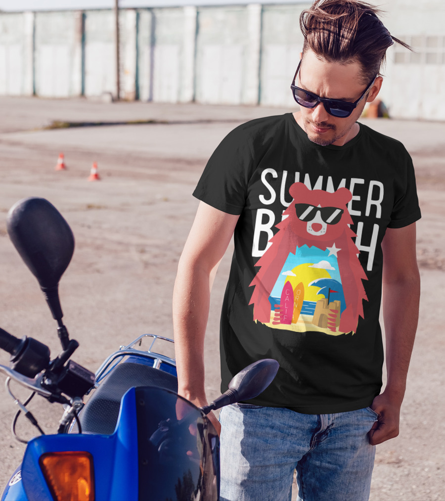 Summer California Beach Bear Surfer Scene T-Shirt
