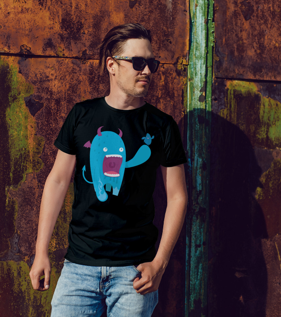 Sweet Monster Friendly Blue Creature With Bird T-Shirt