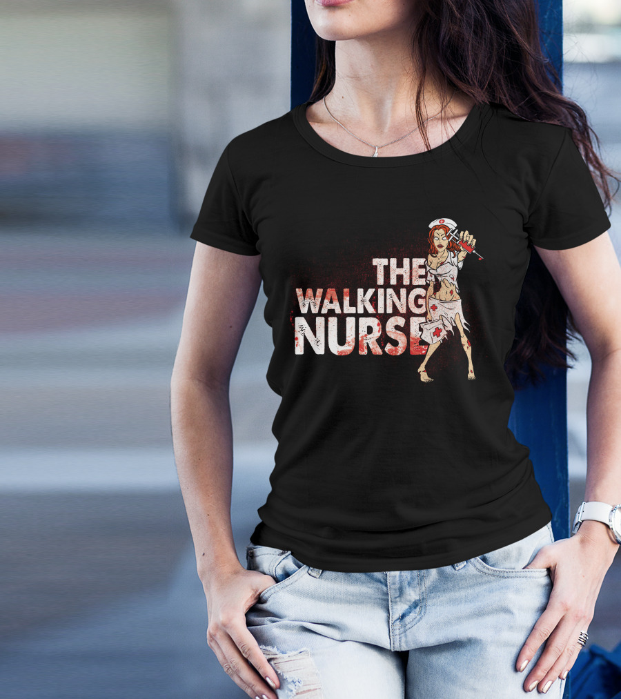 The Walking Nurse Zombie Holding Syringe In Bloody T-Shirt