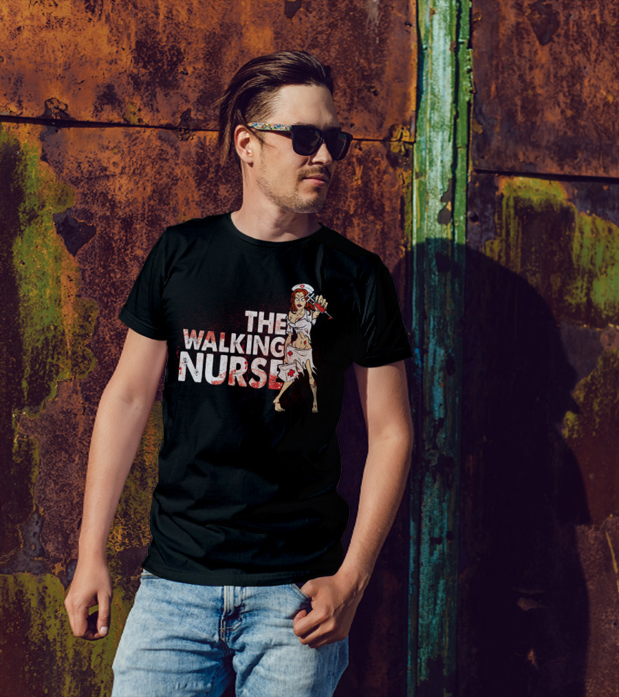 The Walking Nurse Zombie Holding Syringe In Bloody T-Shirt