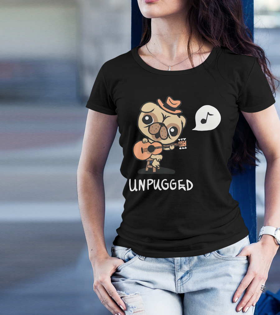 Unpugged Guitar Playing Pug With Musical Note Hat T-Shirt