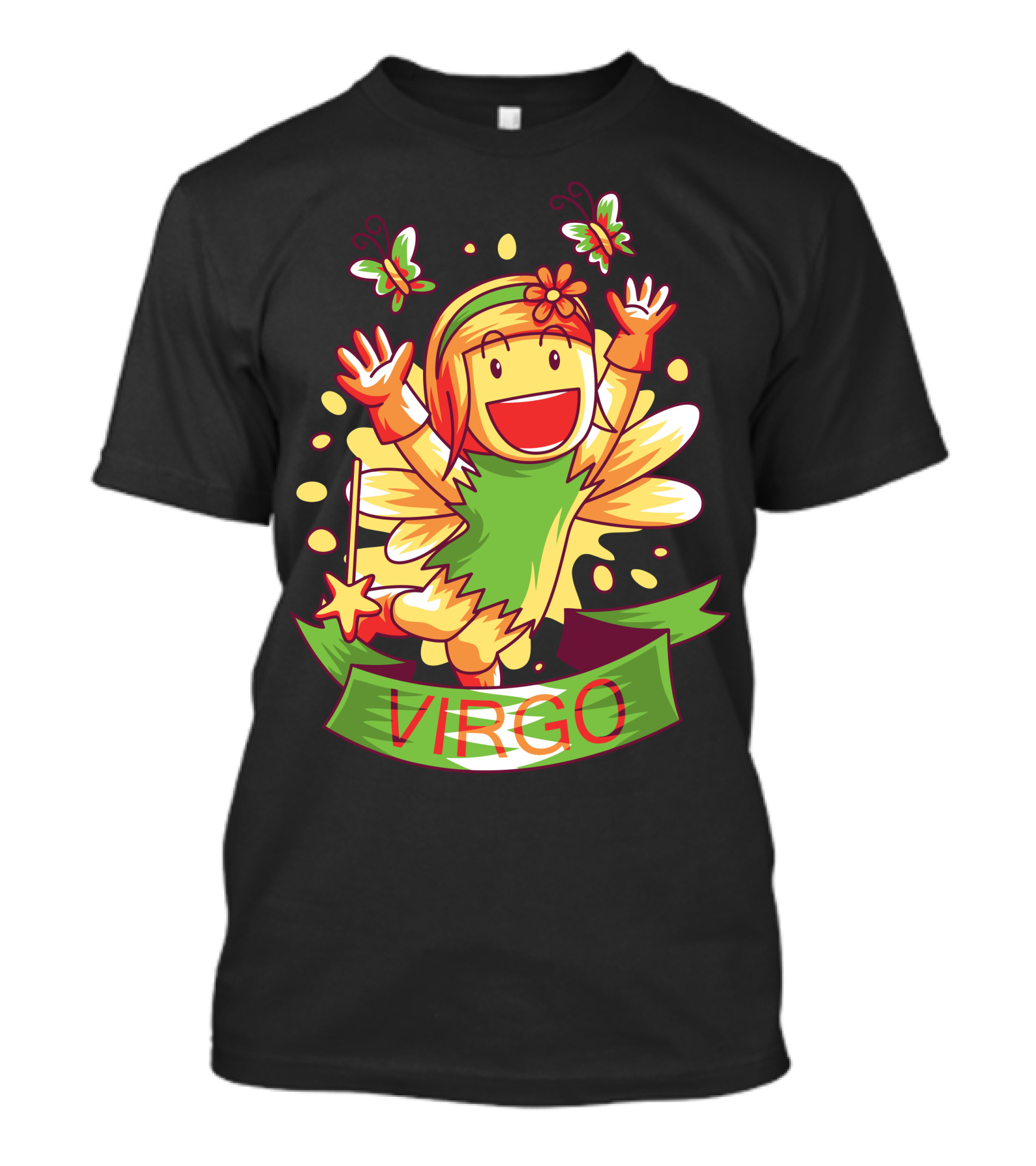 Vibrant Virgo Fairy With Butterflies And Green T-Shirt