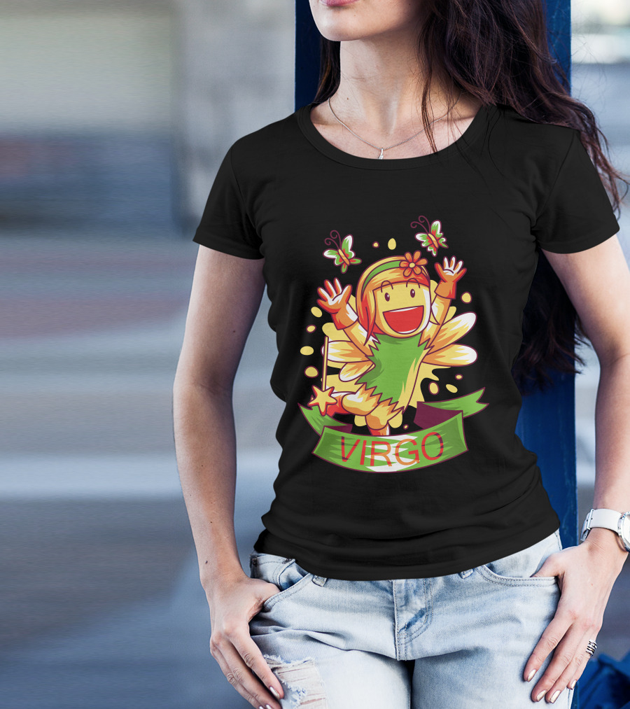 Vibrant Virgo Fairy With Butterflies And Green T-Shirt