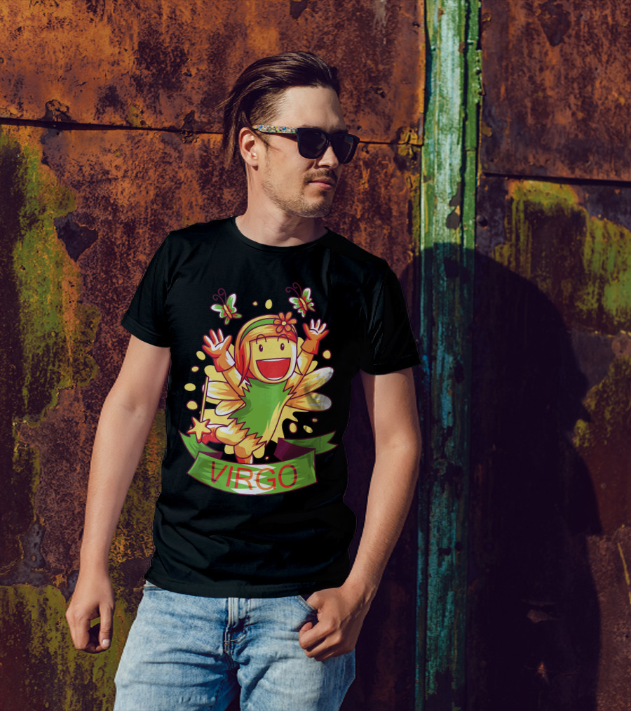 Vibrant Virgo Fairy With Butterflies And Green T-Shirt