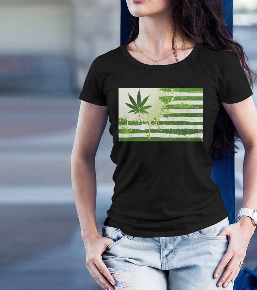 Weed Nation Cannabis Leaf American Flag Stripes T-Shirt