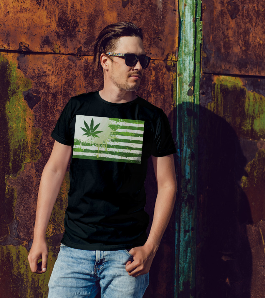 Weed Nation Cannabis Leaf American Flag Stripes T-Shirt