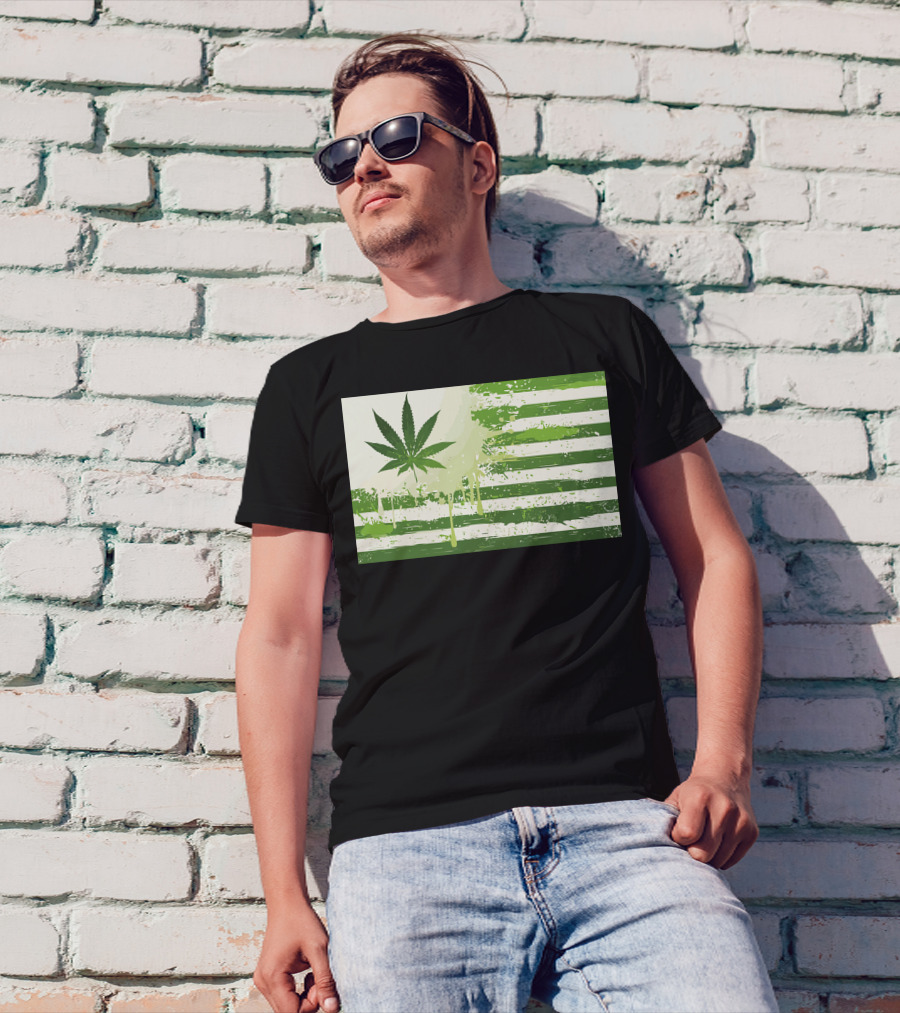 Weed Nation Cannabis Leaf American Flag Stripes T-Shirt