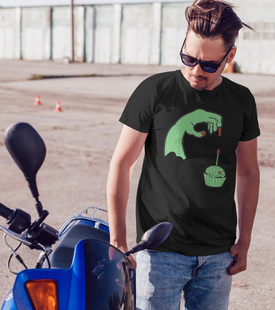 Zombie Hand Candle With Brain Cupcake Brainday T-Shirt