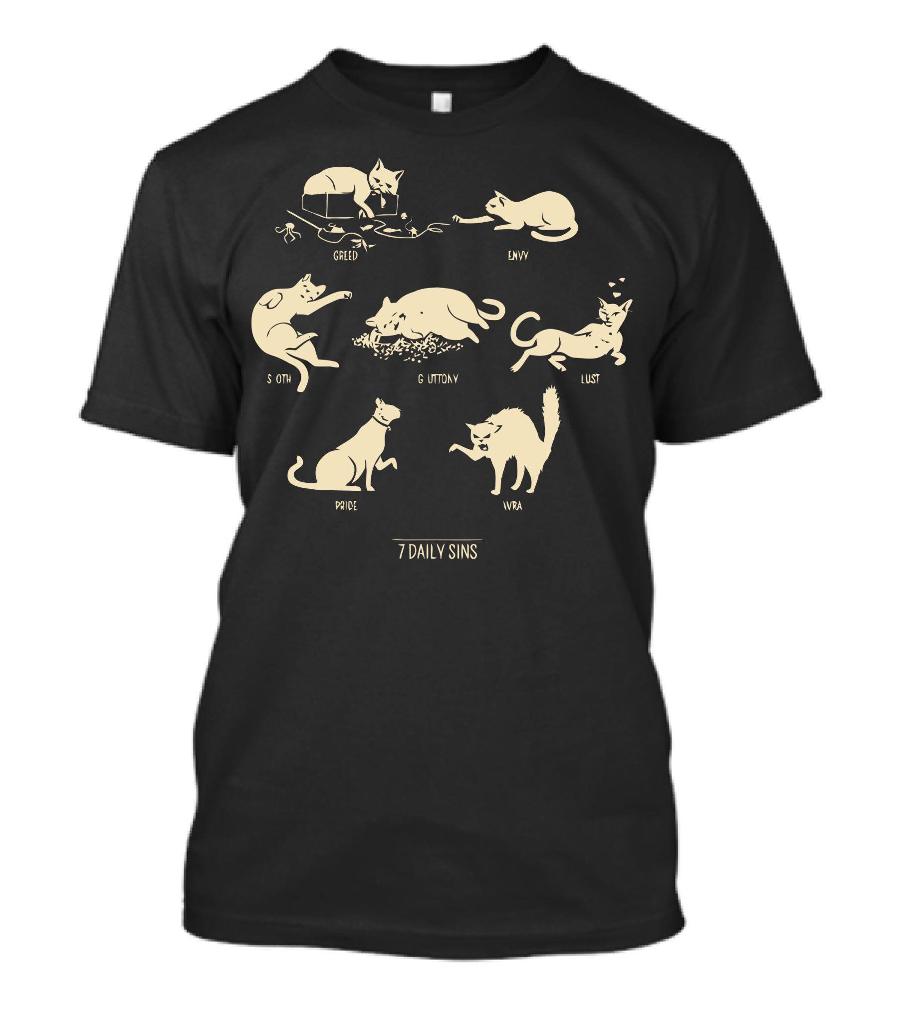 Greed Envy Sloth Gluttony Lust Pride Wrath 7 Daily Sins Cats T-Shirt