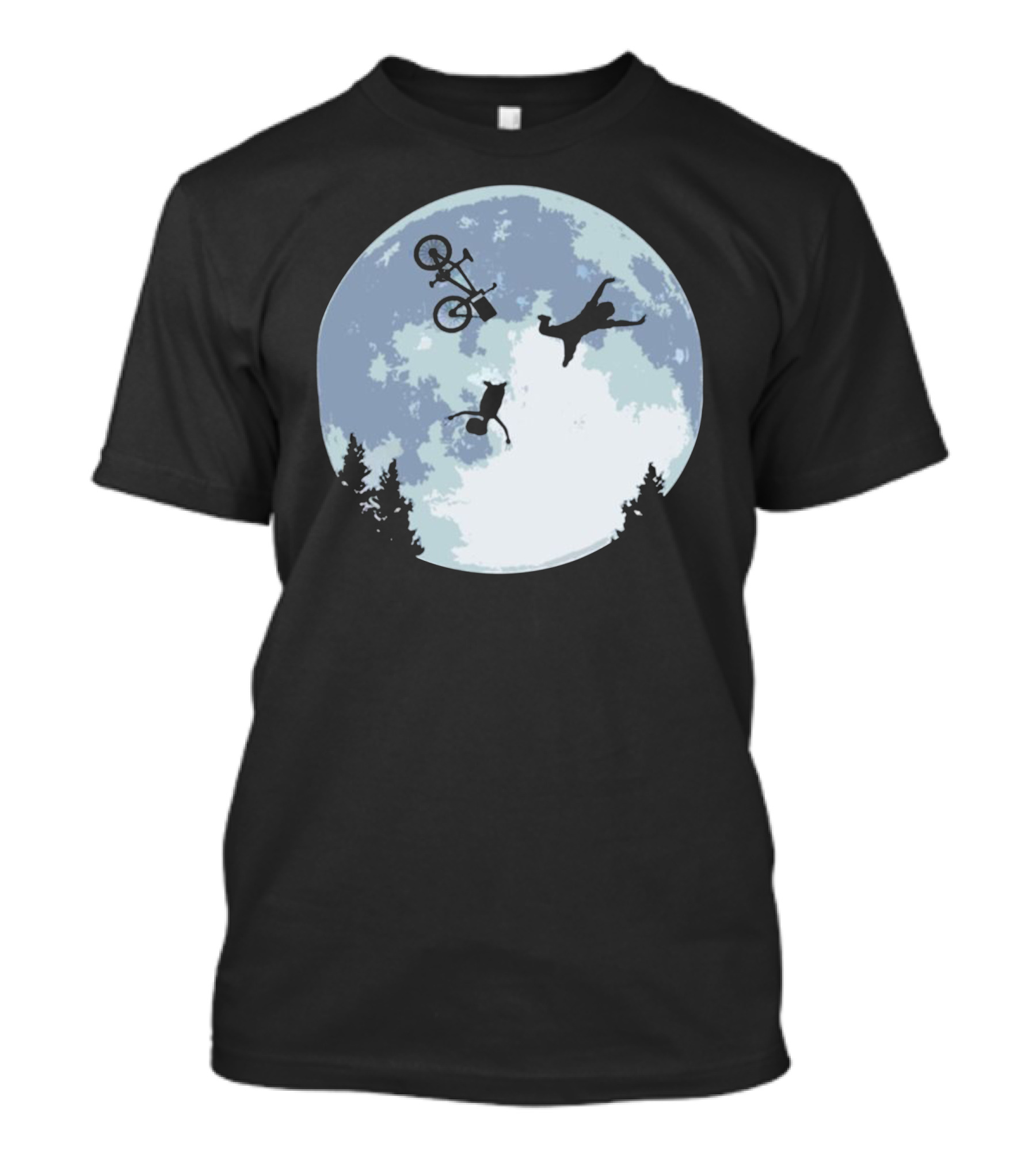 Falling Bicycle Moon Silhouette With Cat And Forest Scene T-Shirt