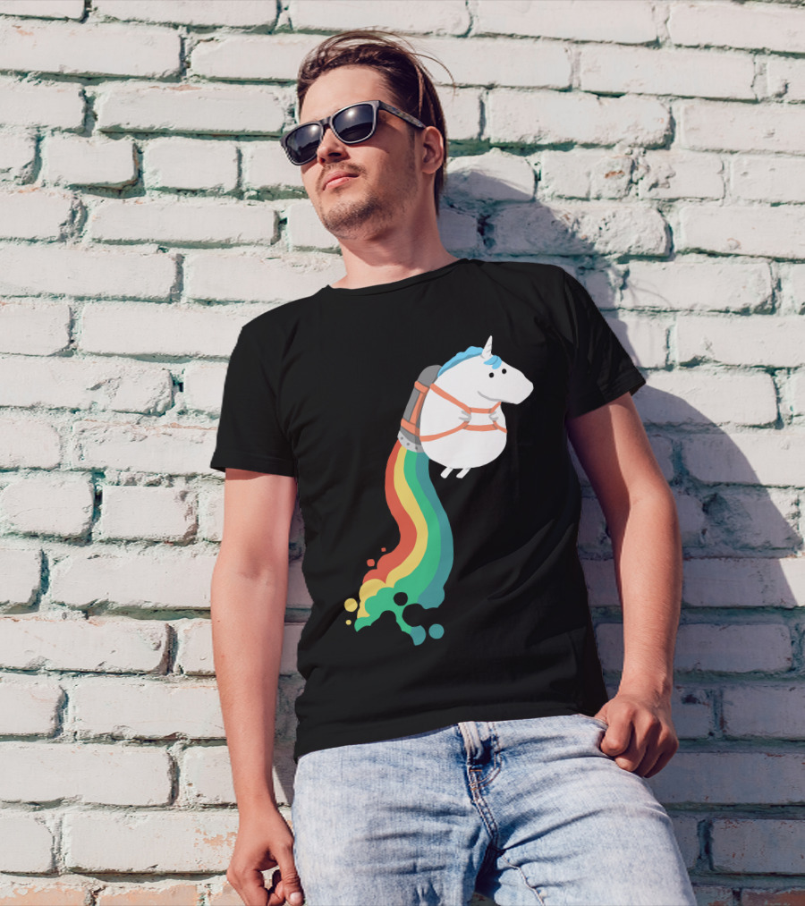 Fat Unicorn With Rainbow Jetpack Flight T-Shirt