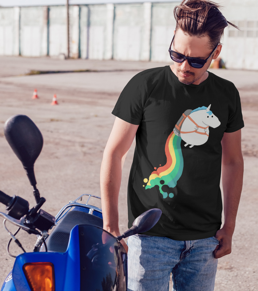 Fat Unicorn With Rainbow Jetpack Flight T-Shirt