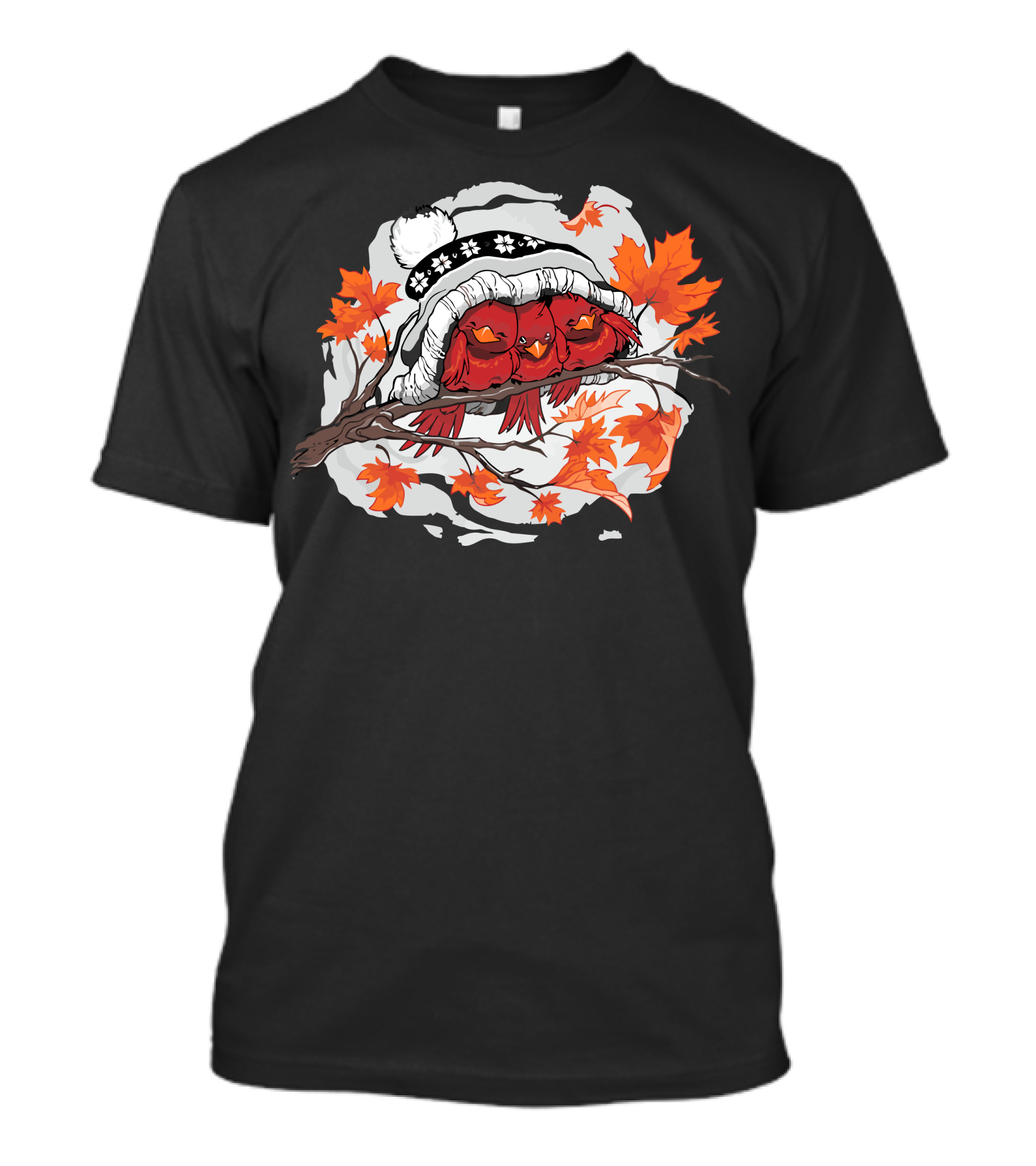 Huddle Autumn Cardinals Under Snowflake Hat On Branch With Red Leaves T-Shirt