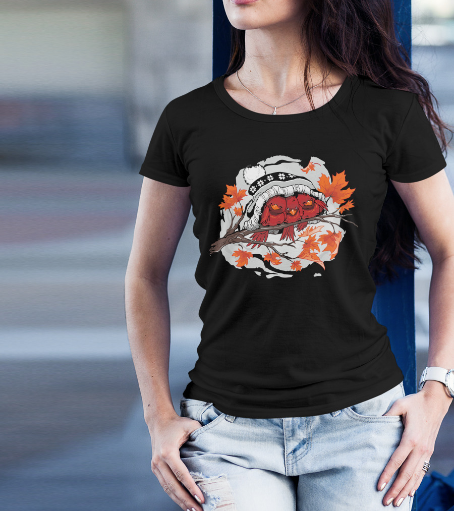Huddle Autumn Cardinals Under Snowflake Hat On Branch With Red Leaves T-Shirt