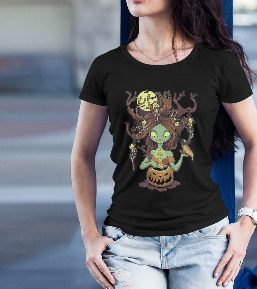 Knotty Nightmare Halloween Witch With Skeleton Hair And Glowing Jack-O'-Lantern T-Shirt
