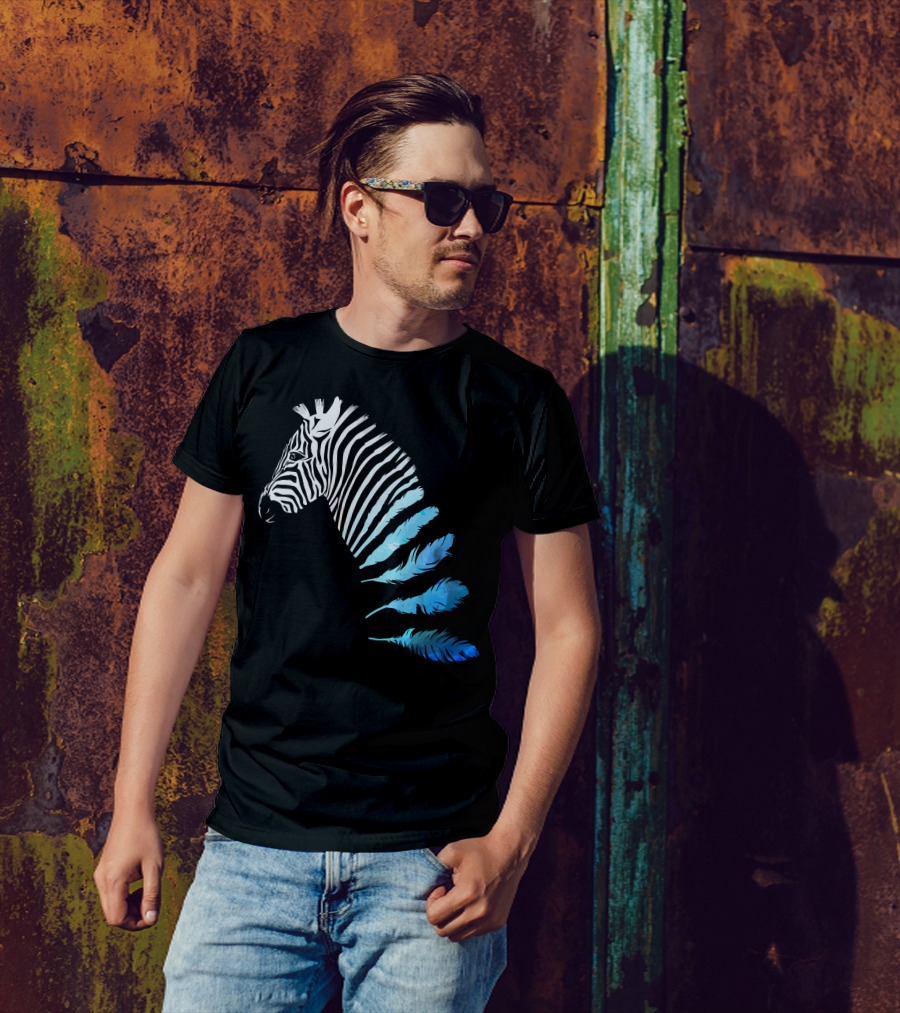 Lost In Transition Zebra Feathers Stripes Blue Black T-Shirt