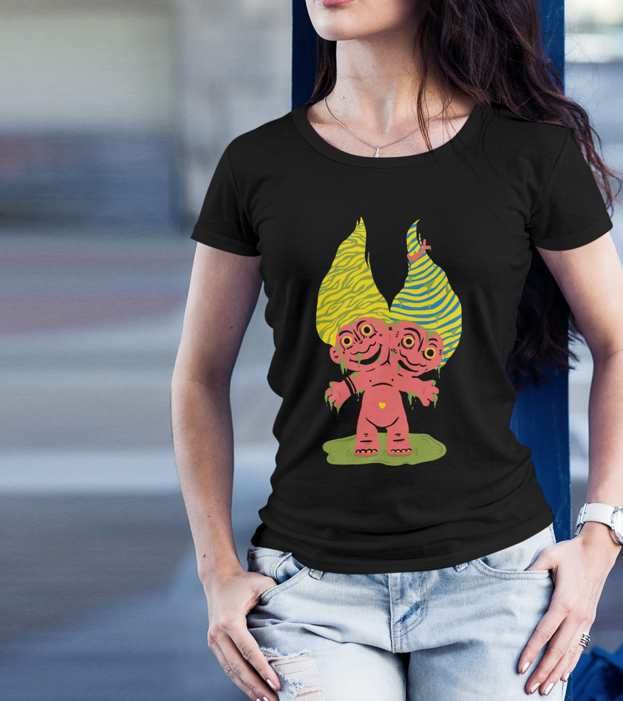 Make A Wish Two-Headed Troll Doll Colorful Hair Fantasy T-Shirt