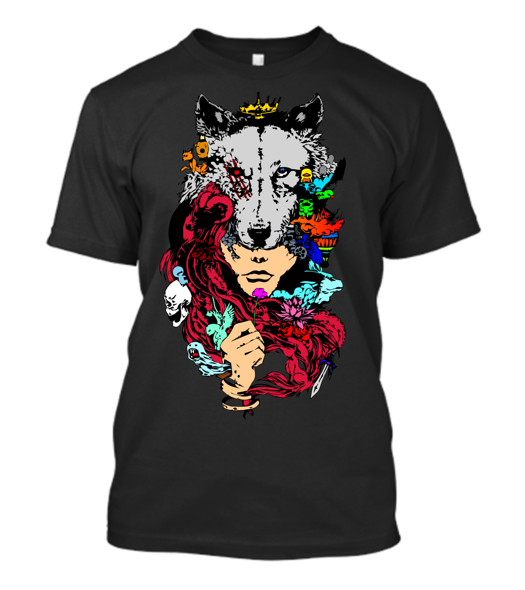 Red Riding Wolf Crowned With Colorful Animals T-Shirt