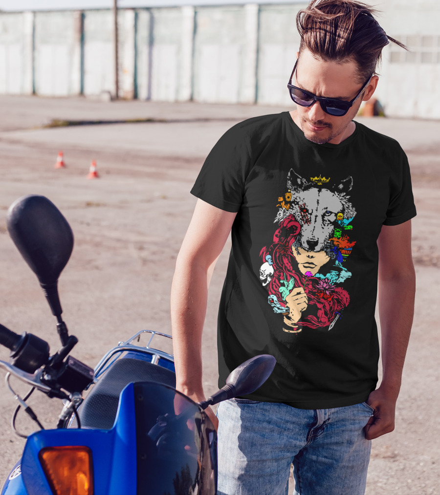 Red Riding Wolf Crowned With Colorful Animals T-Shirt