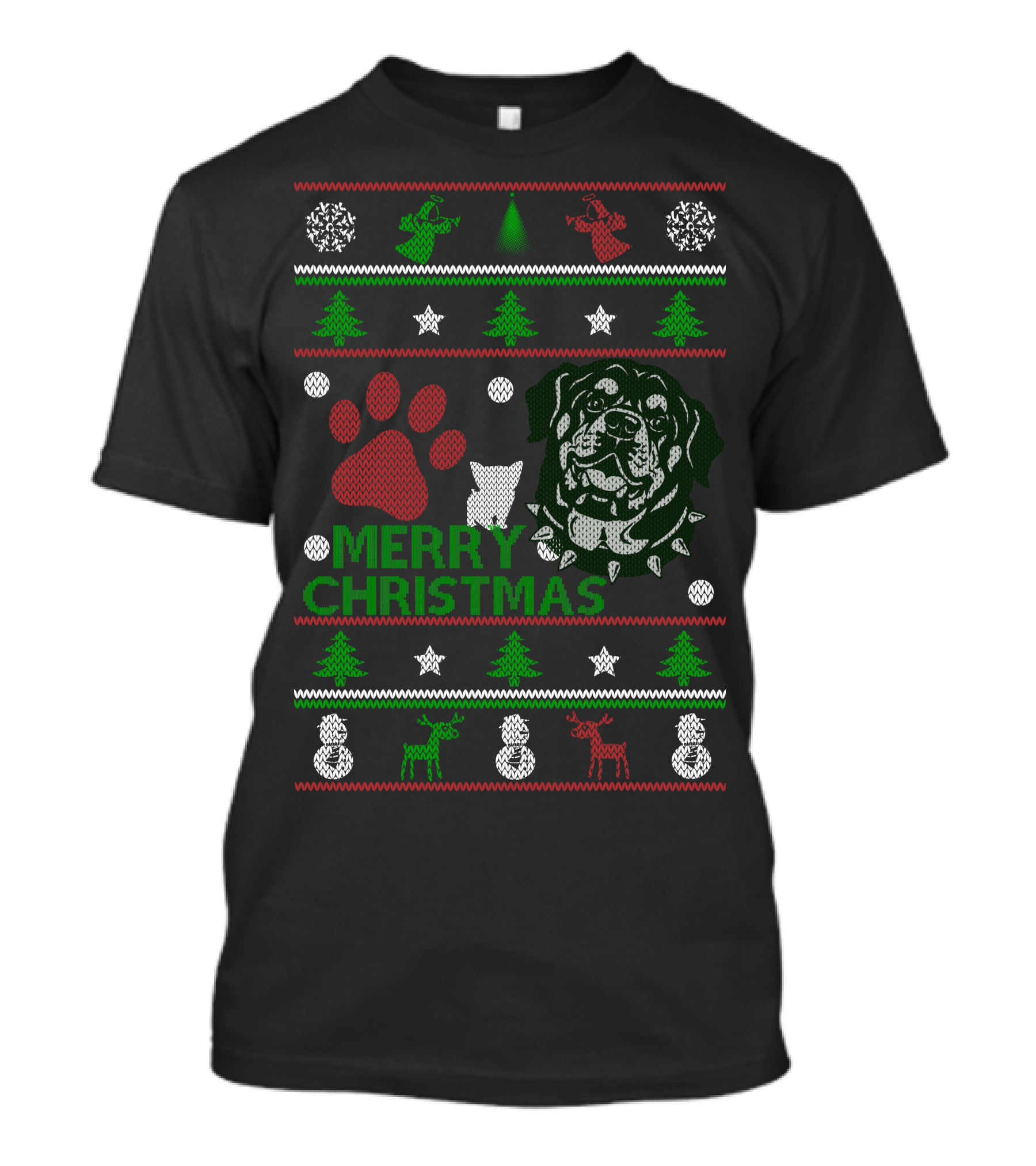 Merry Christmas Rottweiler Paw Reindeer Trees Snowflakes T-Shirt