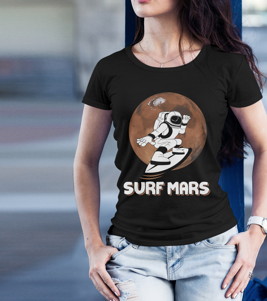 Surf Mars Astronaut Riding Waves On Red Planet T-Shirt