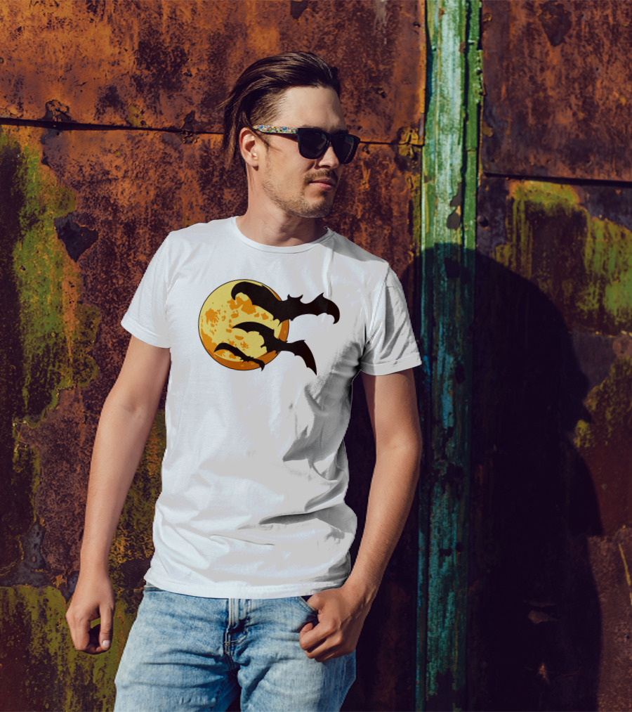 Bat Silhouettes Flying Across Full Moon T-Shirt