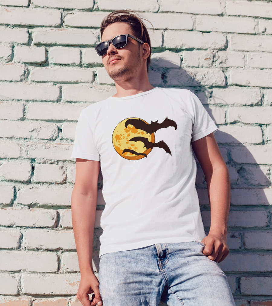 Bat Silhouettes Flying Across Full Moon T-Shirt