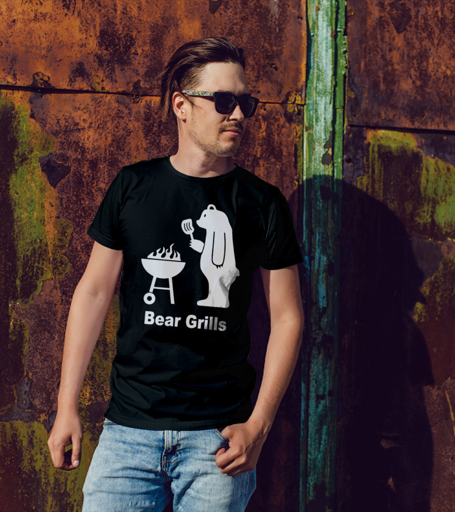 Bear Grills Funny BBQ Pun With Bear Cooking On Grill T-Shirt