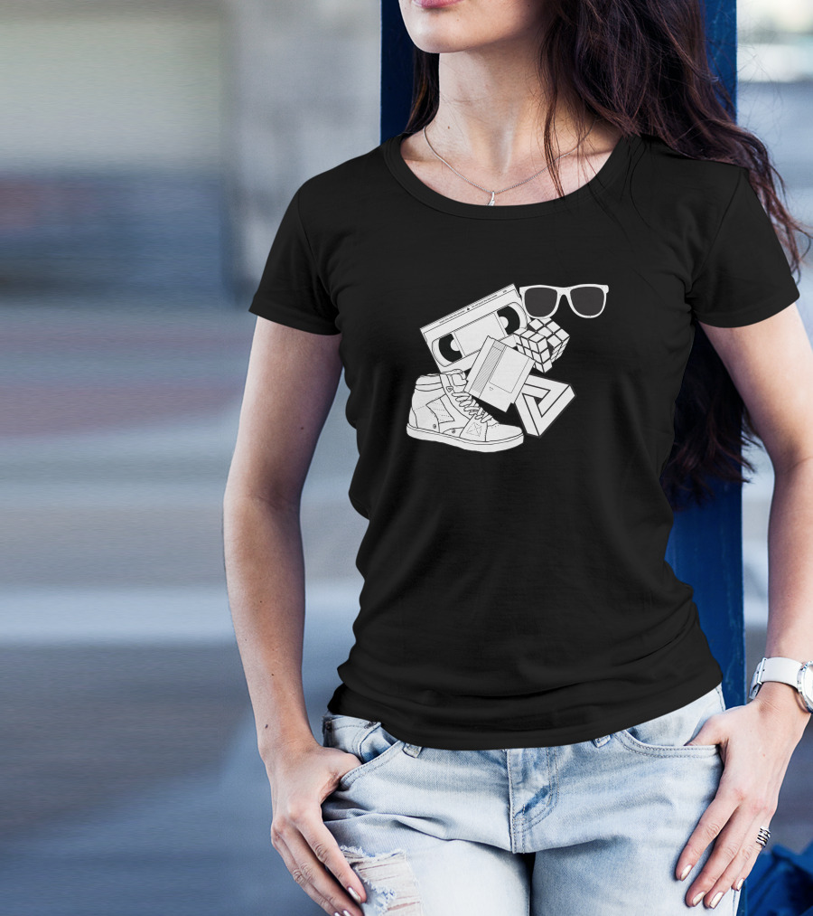 Born In The 80s Nostalgia Cassette Rubik's Cube Retro Style Sneaker Sunglasses T-Shirt