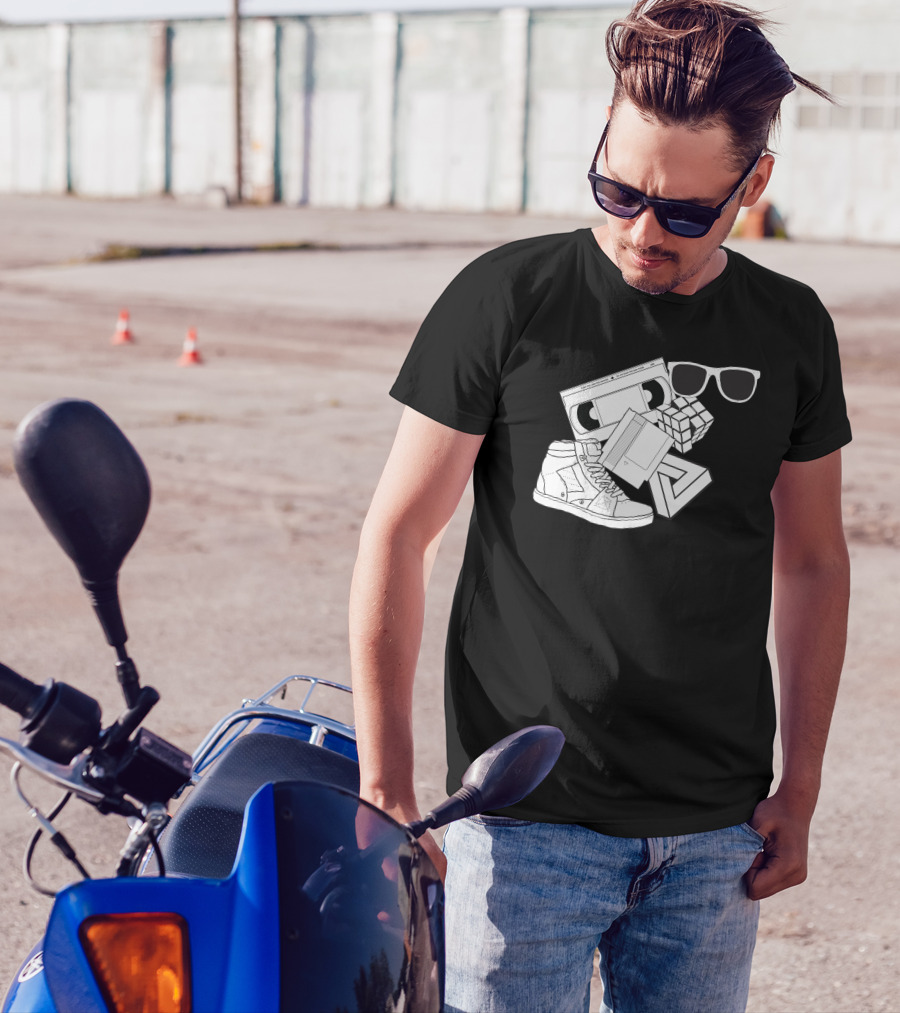 Born In The 80s Nostalgia Cassette Rubik's Cube Retro Style Sneaker Sunglasses T-Shirt