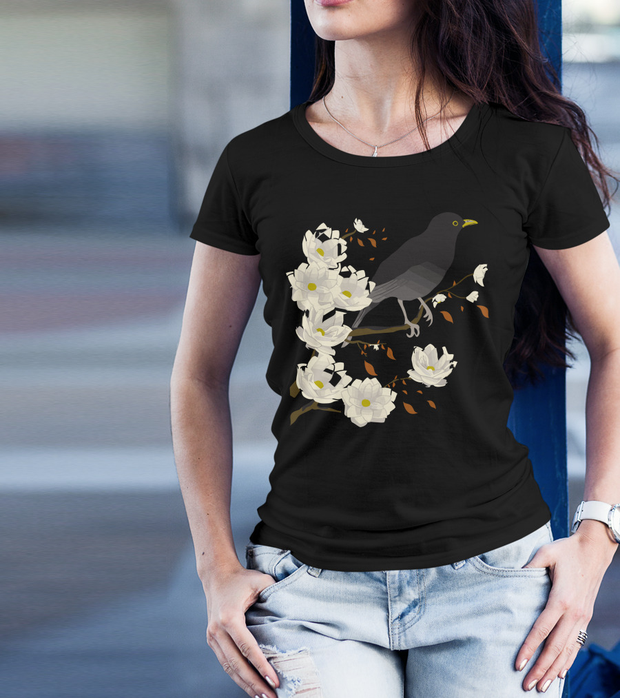 Branch Manager Crow Perched Among Blossoming White Flowers T-Shirt