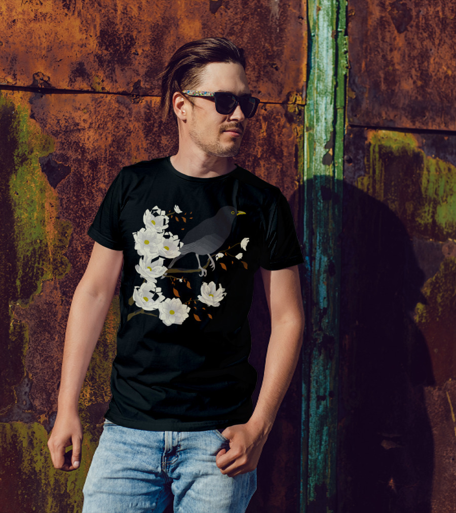 Branch Manager Crow Perched Among Blossoming White Flowers T-Shirt