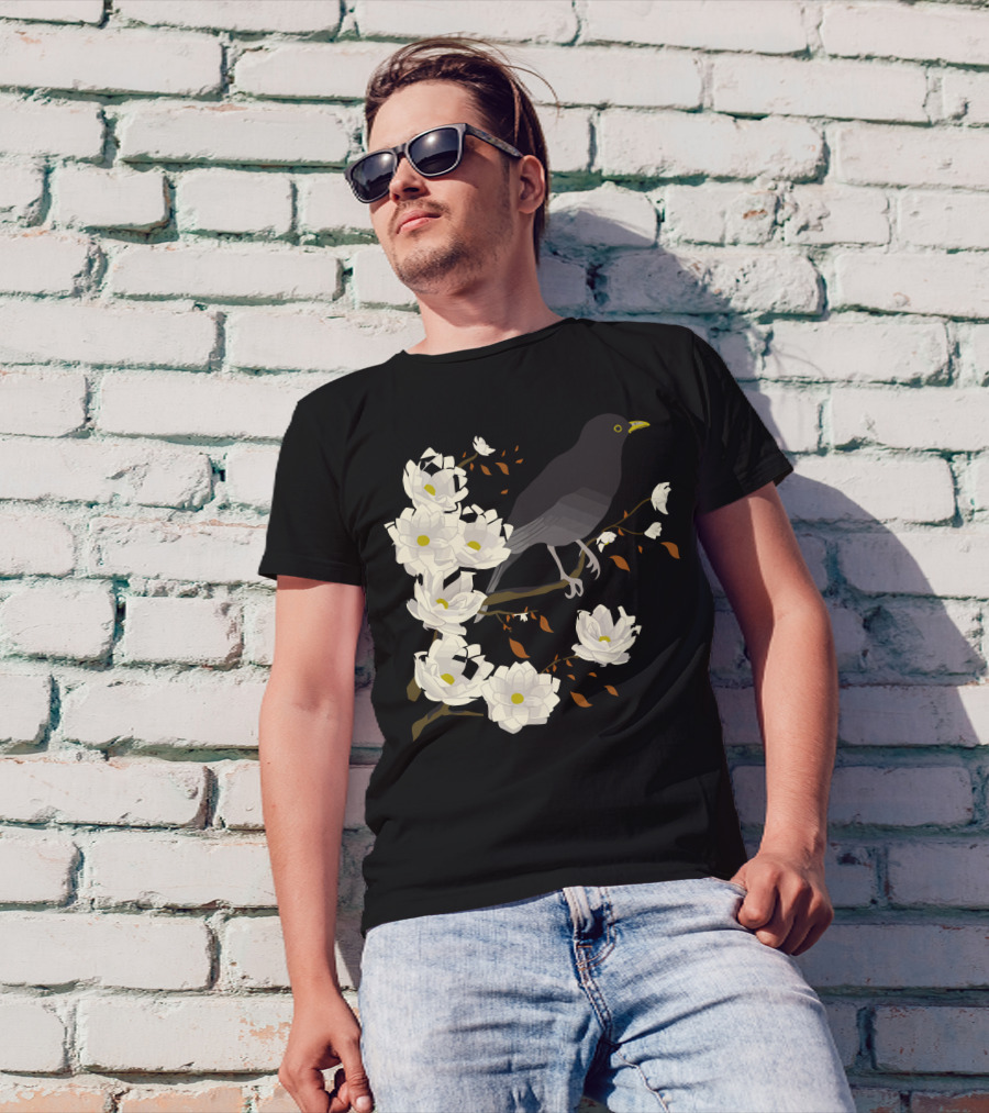 Branch Manager Crow Perched Among Blossoming White Flowers T-Shirt