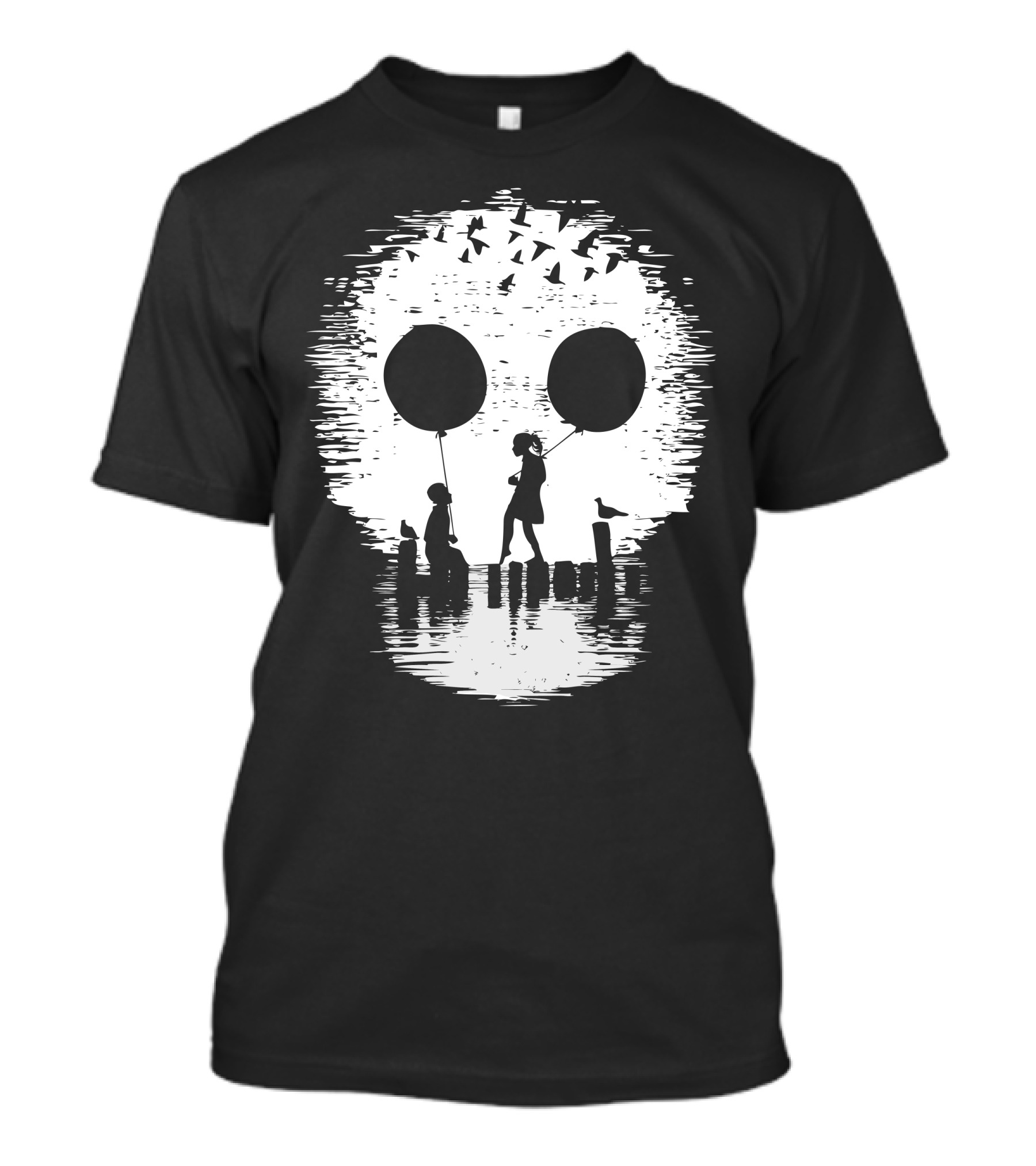 Bye Bye Apocalypse Skull Silhouette With Children Balloons And Birds T-Shirt
