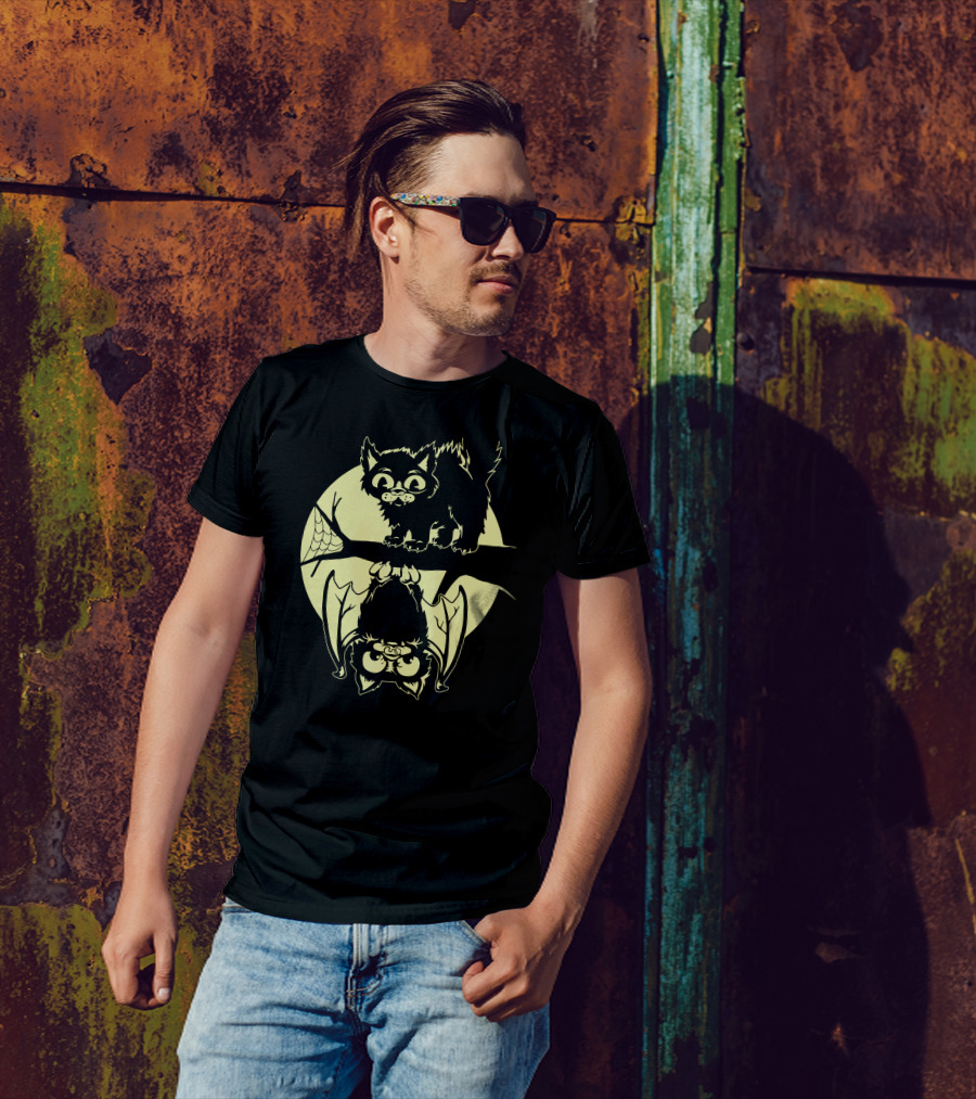 Cat And Bat Moonlit Night Scene T-Shirt