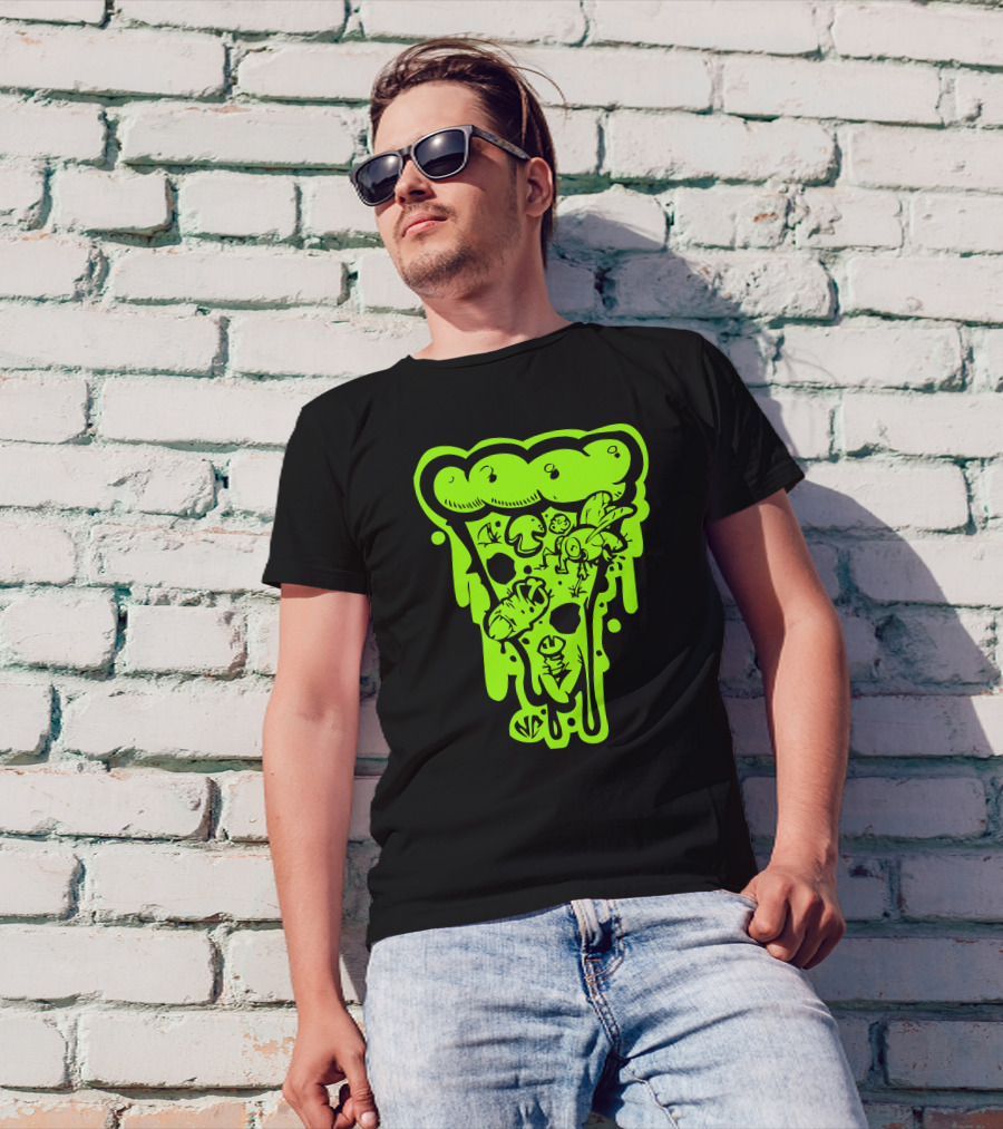 Dirty Pizza Slice With Bugs And Mushrooms Neon Green T-Shirt