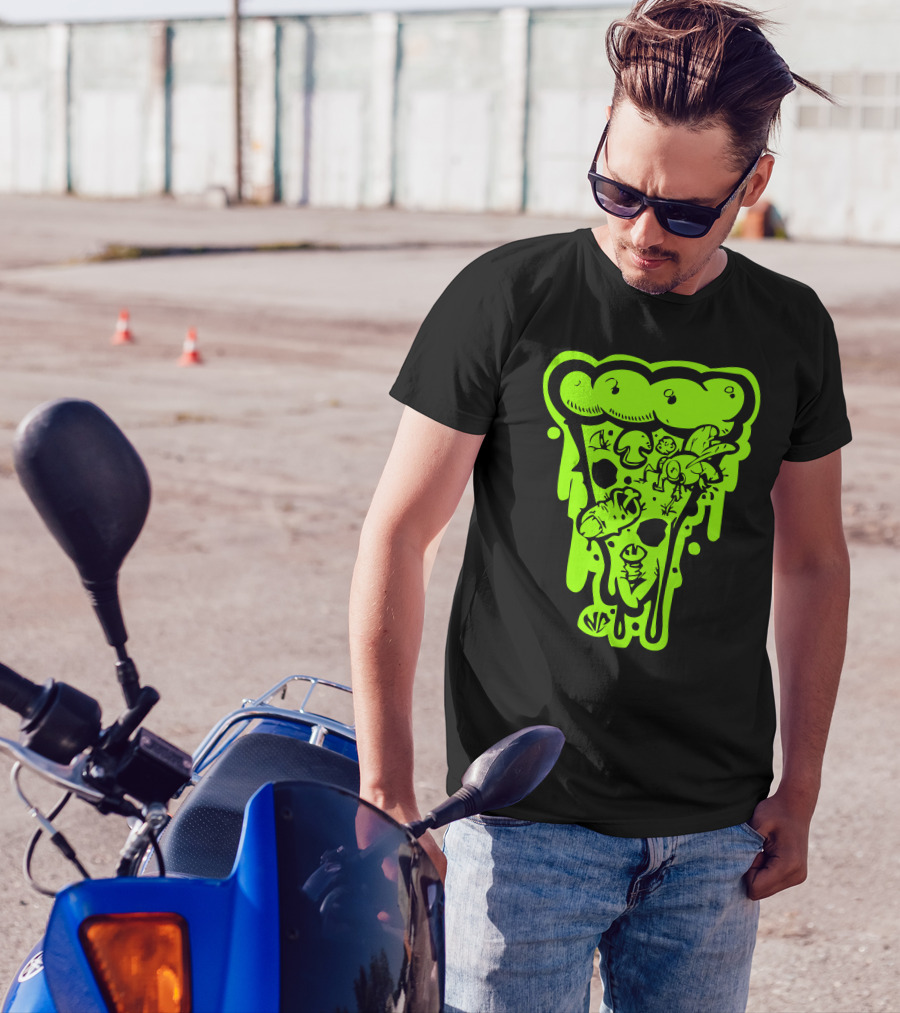 Dirty Pizza Slice With Bugs And Mushrooms Neon Green T-Shirt