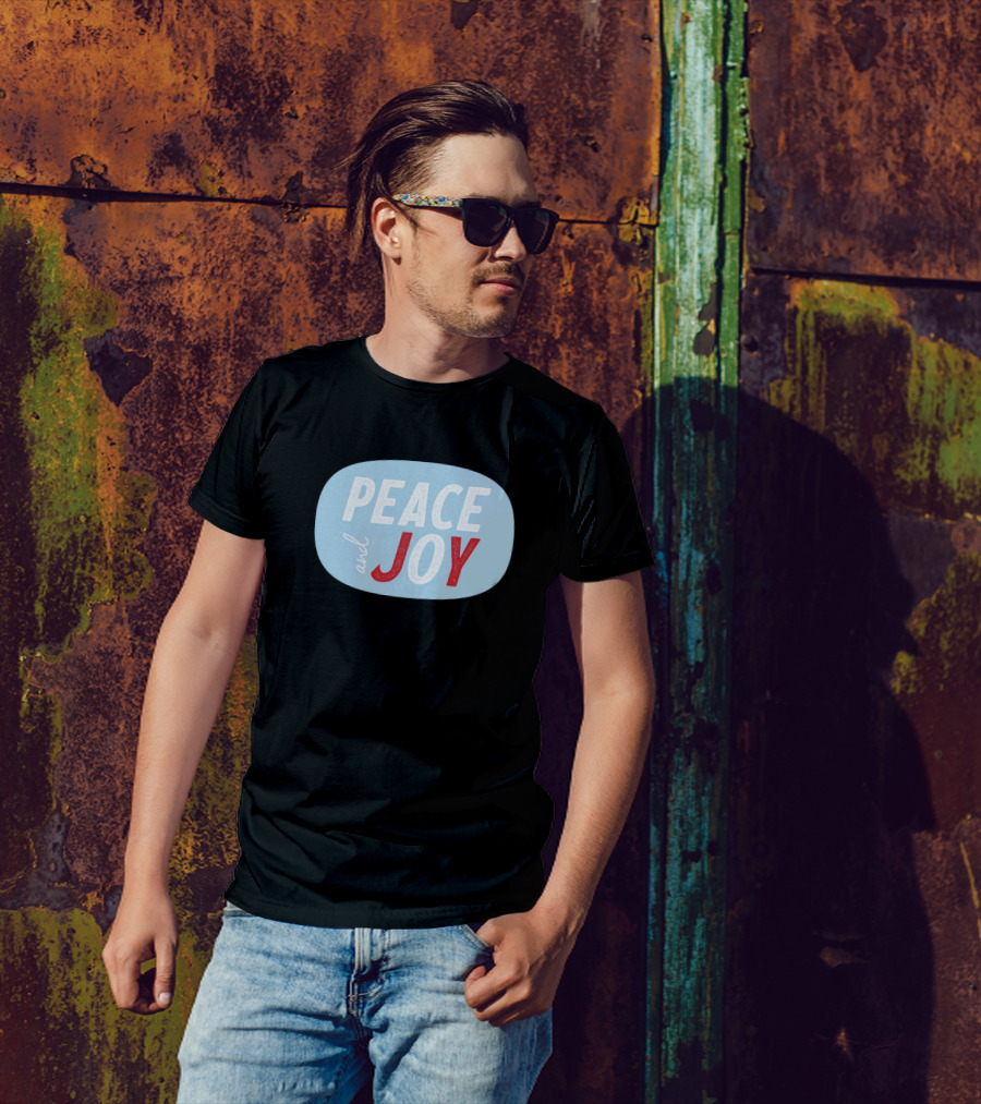PEACE AND JOY Blue Oval Red Highlight T-Shirt