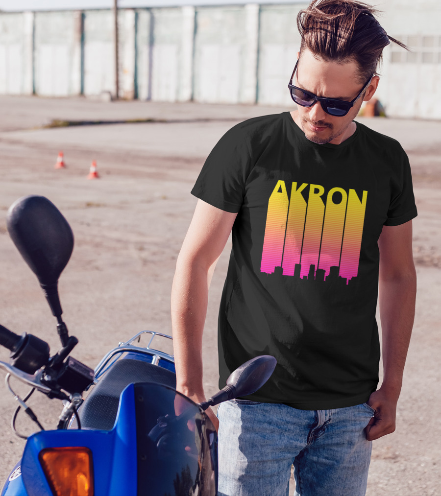 Retro 1980S Akron Skyline Sunset Gradient Cityscape T-Shirt