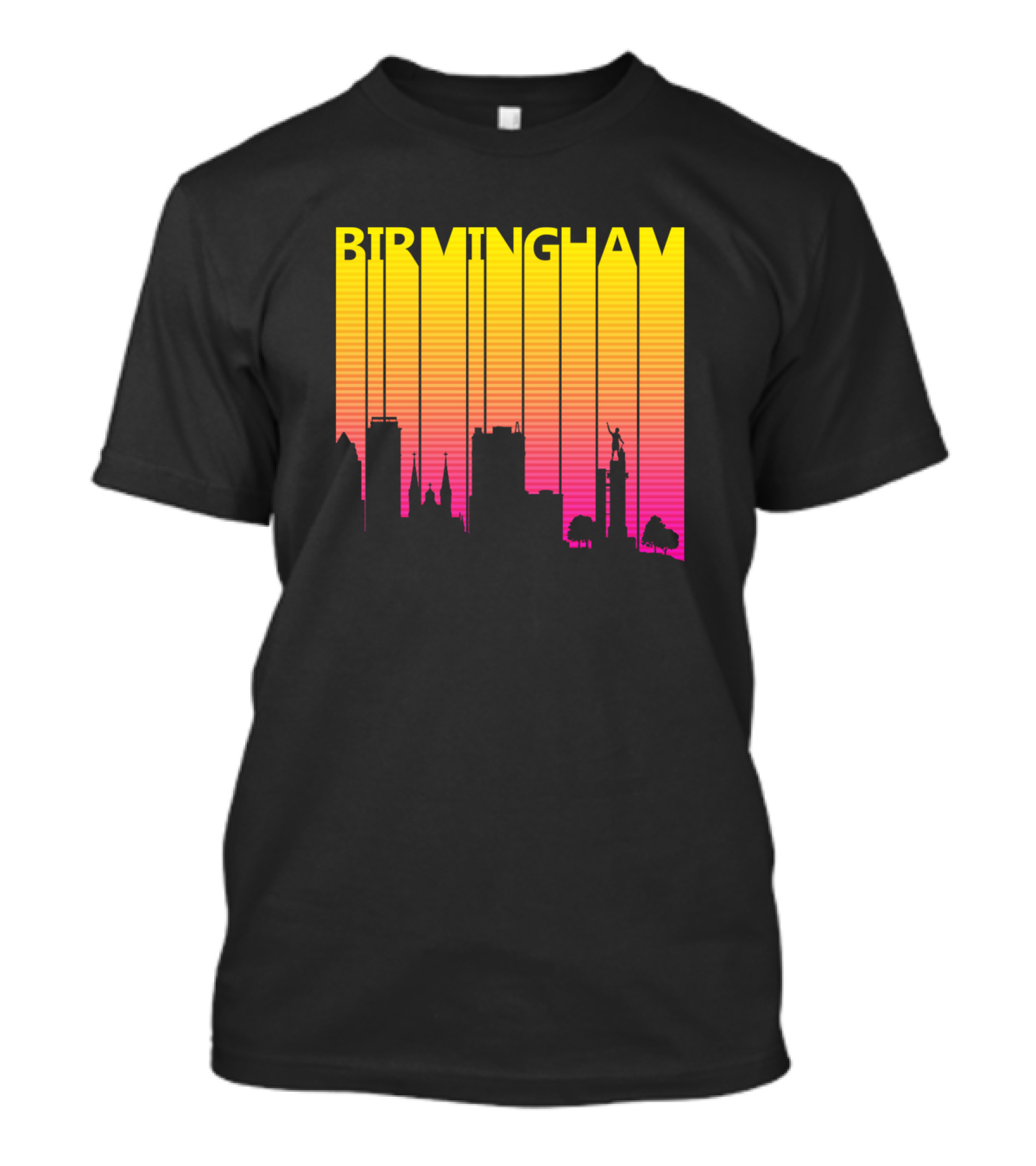 Birmingham Retro 1980s Skyline Yellow Pink Gradient T-Shirt