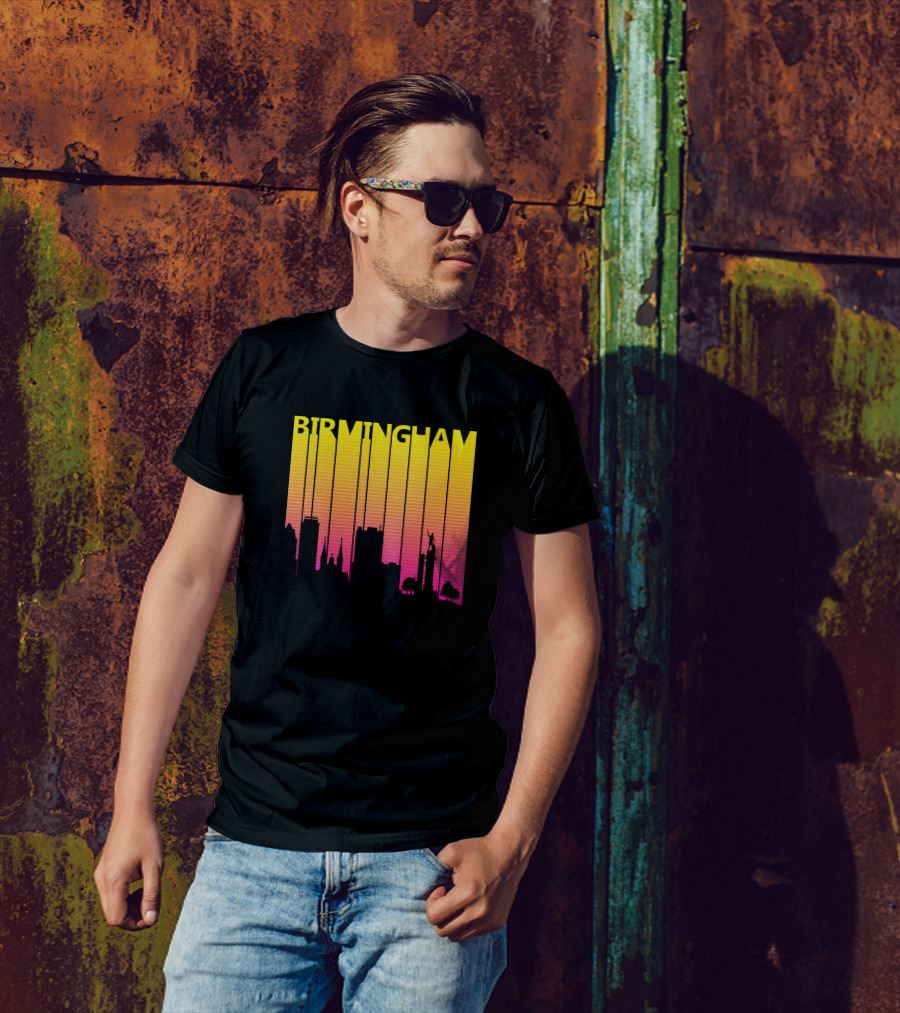 Birmingham Retro 1980s Skyline Yellow Pink Gradient T-Shirt