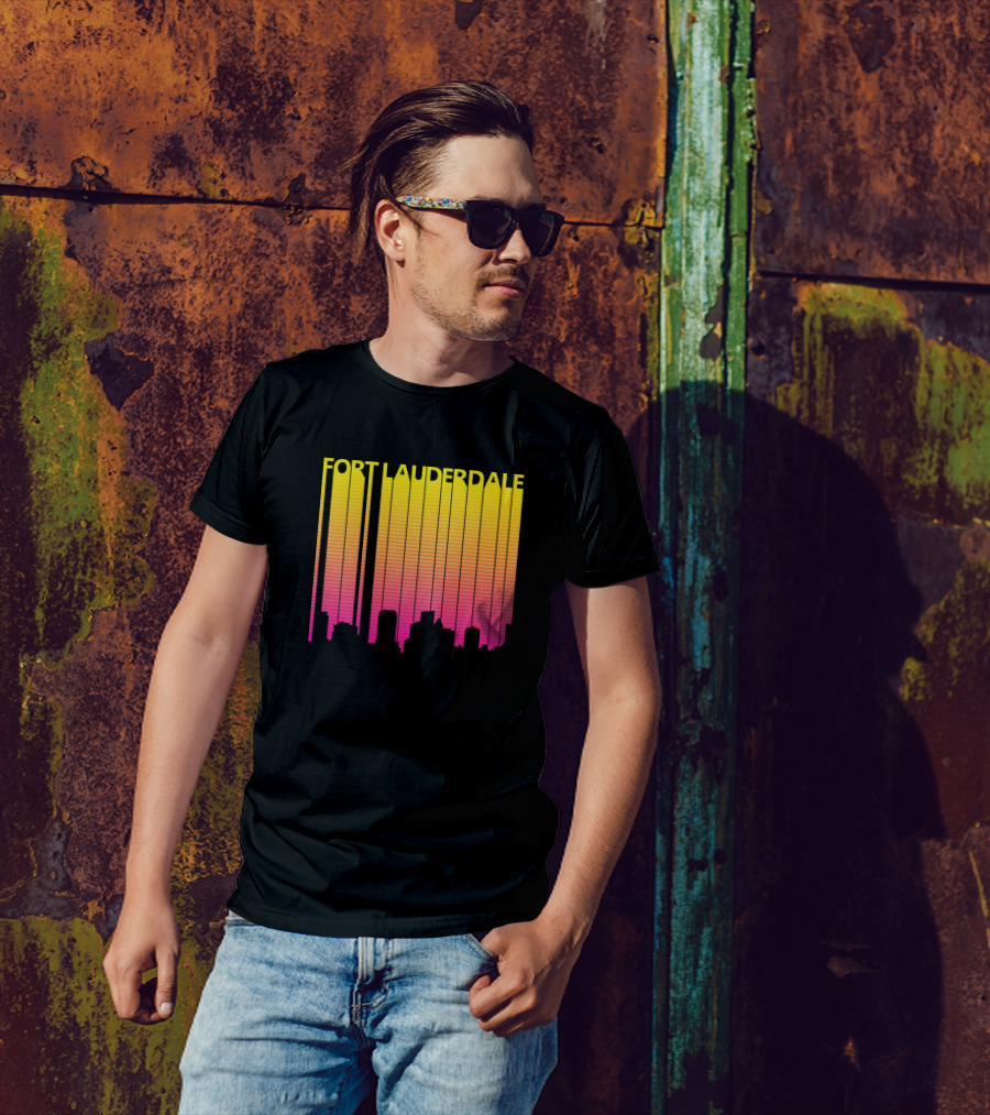 Fort Lauderdale Retro 1980s Skyline Sunset Stripes T-Shirt