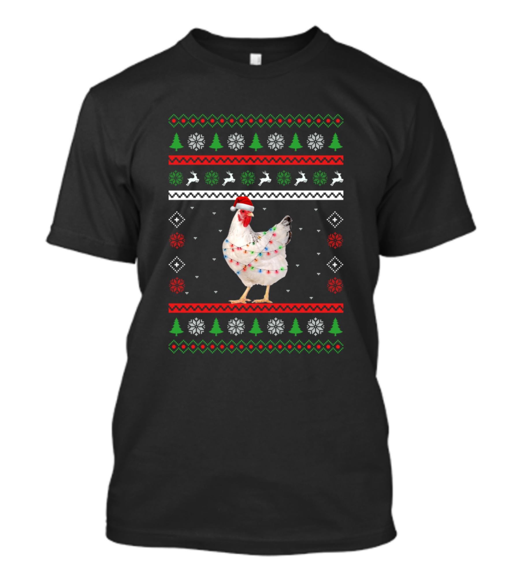 Santa Chicken In Christmas Lights With Santa Hat Ugly Christmas T-Shirt
