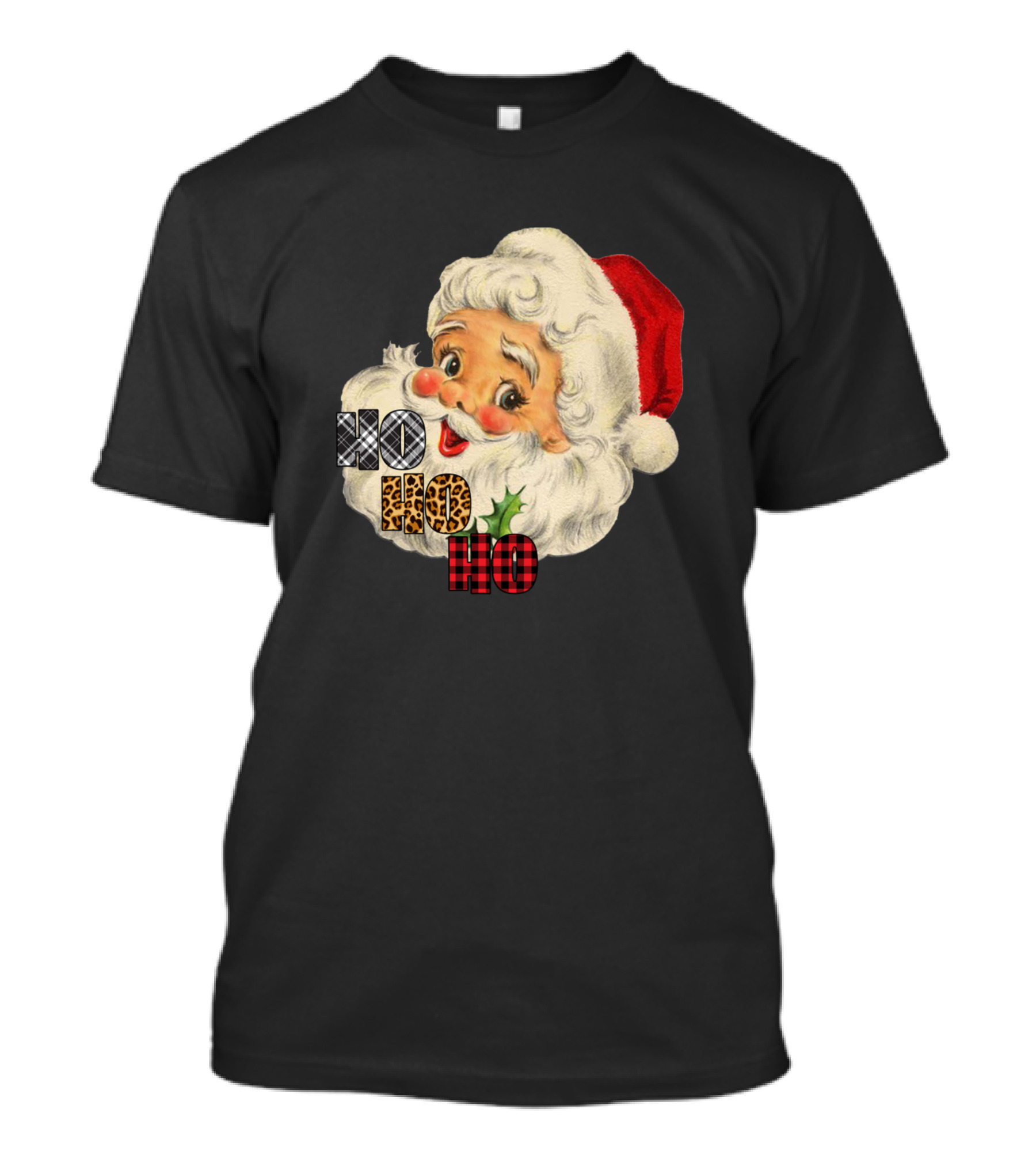 Santa Ho Ho Ho Plaid Leopard Print Vintage Christmas T-Shirt