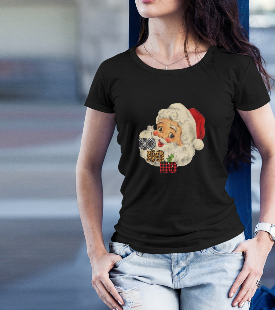 Santa Ho Ho Ho Plaid Leopard Print Vintage Christmas T-Shirt